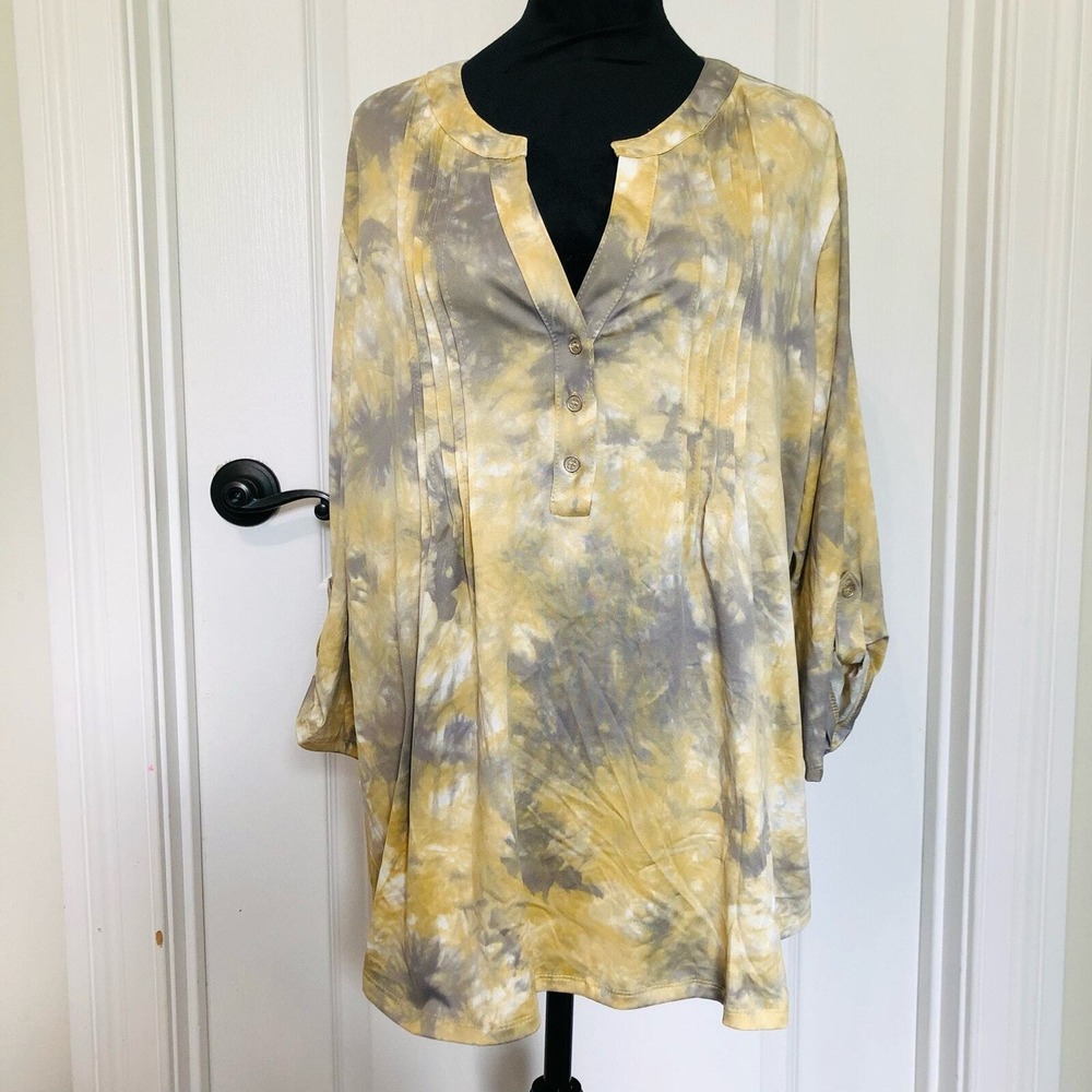 NY Collection Woman Yellow Grey Tie Dye Roll Tab Sleeve Tunic Top Size 2X NEW